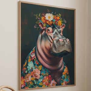 Hippopotamus Maximalist Eclectic Animal Portrait Print Funky Animal Poster Decor Colorful Altered Painting Large Wall Art Canvas #2261