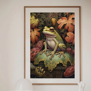 William Morris Inspired Frog Autumn Art Print Fall Poster Rustic Farmhouse Forest Large Wall Art Canvas Warm Color Thanksgiving #984
