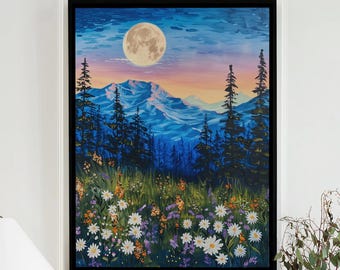 Moon with Wildflower Field Meadow Print, Floral Flower Poster Botanical, Dark Cottagecore Decor, Moody Large Wall Art Canvas #2342