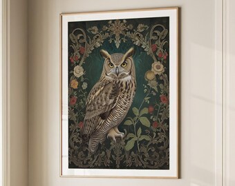 William Morris Inspired Owl Art Print, Bird Print, Owl Wall Art, Forest Print, Owl Gift, Owl Poster Bird Nature Large Wall Art Canvas #1613