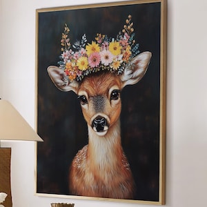 Deer Maximalist Eclectic Animal Portrait Print Funky Animal Poster Decor Colorful Altered Painting Large Wall Art Canvas #2729
