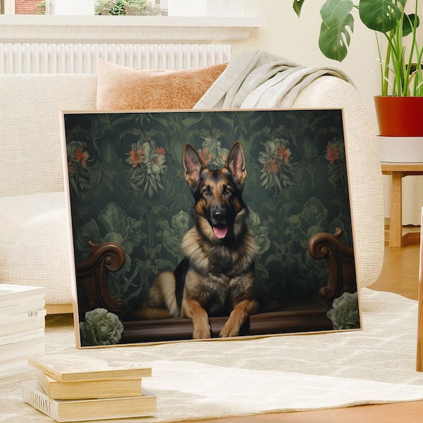 William Morris Inspired German Shepherd Dog Art Print Poster Rustic Farmhouse Woodland Extra Large Wall Decor Nature Cabincore Canvas #1381