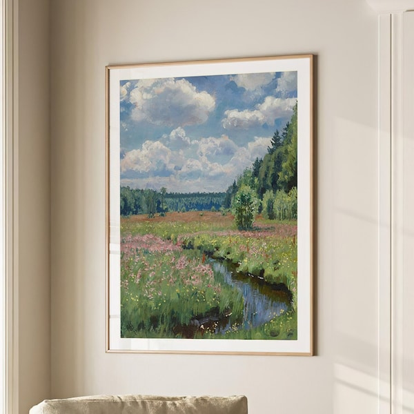 Summer Meadow Vintage Spring Landscape Rustic Country Painting Antique Neutral Framed Extra Large Wall Art Canvas Giclee #843