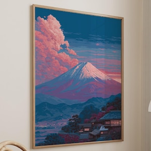 以下が含まれることがあります： 額縁に入ったアートプリントは、夕暮れ時の富士山がある日本の風景を描いています。このアートワークは、雪をかぶった山、ピンク色の雲、伝統的な建物を特徴としています。カラーパレットには、青、ピンク、紫が含まれています。