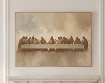 Jesus The Last Supper Art Print Poster Minimalist Modern Christian Farmhouse Neutral Catholic Painting Large Wall Art Canvas Giclee #5012