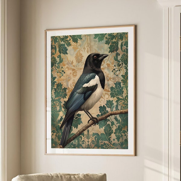 William Morris Inspired Magpie Bird Art Print Animal Decor, Forest Print Woodland, Bird Poster Gift, Large Wall Art Canvas #2162