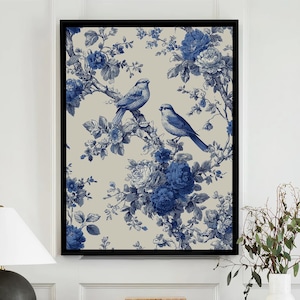 Chinoiserie Toile Art Print Floral Birds, Chinese Wall Art Asian Decor, Botanical Art Floral, Classic Art Print, Large Wall Art Canvas #4278