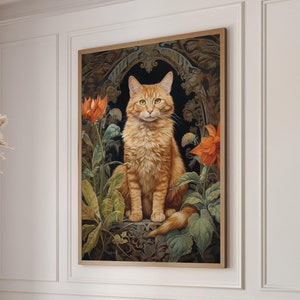 William Morris Inspired Orange Cat Autumn Art Print Fall Poster Rustic Farmhouse Forest Large Wall Art Canvas Warm Color Thanksgiving #940