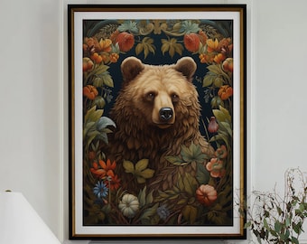 Könnte beinhalten: Ein gerahmter Kunstdruck mit einer detaillierten Illustration eines Bären, umgeben von bunten Blumen und Blättern. Der Bär hat braunes Fell und einen fokussierten Blick. Das Kunstwerk wird an einer weißen Wand über einer Konsole mit Lampe und Dekorationen gezeigt.