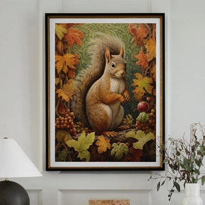 William Morris Inspired Squirrel Autumn Art Print Fall Poster Rustic Farmhouse Forest Large Wall Art Canvas Warm Color Thanksgiving #1005
