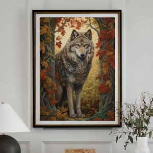 William Morris Inspired Wolf Autumn Art Print Fall Poster Rustic Farmhouse Forest Large Wall Art Canvas Warm Color Thanksgiving #1011
