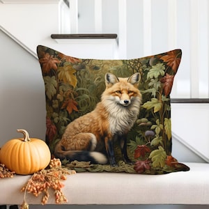 Fox Pillow William Morris Inspirado Otoño Accent Pillow Throw Cottagecore Decor Whimsical Farmhouse Floral Botanical # 1063