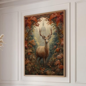 William Morris Inspired Deer Autumn Art Print Fall Poster Rustic Farmhouse Forest Large Wall Art Canvas Warm Color Thanksgiving #958