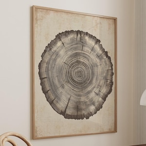 May include: A framed print of a tree trunk cross-section with concentric rings, in a light brown frame, hanging on a white wall. A white lamp with a mushroom-shaped shade is on a wooden table with a magazine and a white mug.