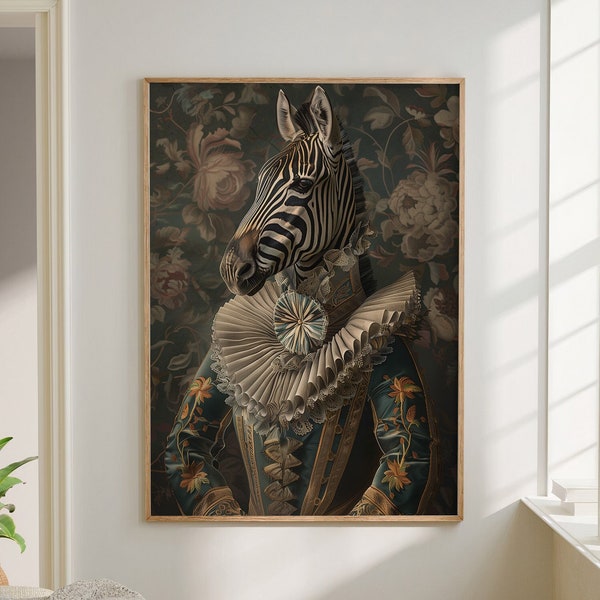 Zebra Royal Renaissance Portrait Vintage Druck Viktorianisches Tierportrait Dekor Poster Verändertes Gemälde Große Wandkunst Leinwand #2235