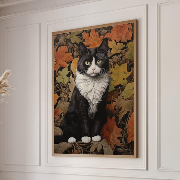 William Morris Inspired Tuxedo Cat Autumn Art Print Fall Poster Rustic Farmhouse Forest Large Wall Art Canvas Warm Color Thanksgiving #946