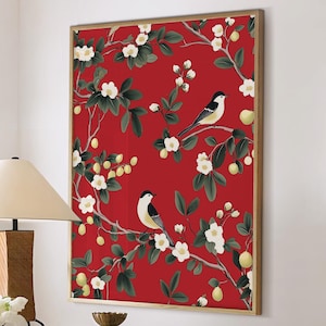 Chinoiserie Art Print Floral Birds, Chinese Wall Art Asian Decor, Botanical Art Floral, Classic Art Print, Large Wall Art Canvas #2881