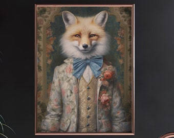 Fox Royal Portrait Print Vintage Victorian Animal Portrait Preppy Room Decor Rococo Poster Painting Coquette Large Wall Art Canvas #513