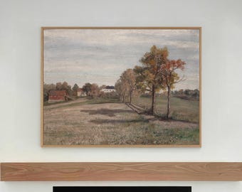 Autumn Village Cottage Fall Landscape Art Print Vintage Rustic Country Painting Countryside Farmhouse Large Wall Art Canvas Giclee #4955