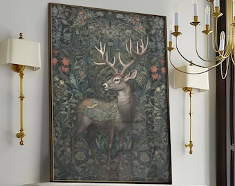 William Morris Inspired Deer Art Print, Nature Wall Art, Deer Antlers, Unique Wall Art, Above Bed Art, Christmas Large Wall Art Canvas #210