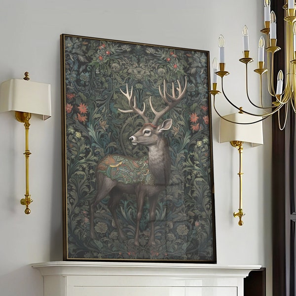 William Morris Inspired Deer Art Print, Nature Wall Art, Deer Antlers, Unique Wall Art, Above Bed Art, Christmas Large Wall Art Canvas #210