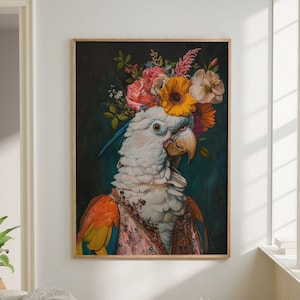 Parrot Bird Maximalist Eclectic Animal Portrait Print Funky Animal Poster Decor Colorful Altered Painting Large Wall Art Canvas #2276