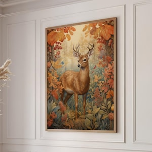 William Morris Inspired Deer Autumn Art Print Fall Poster Rustic Farmhouse Forest Large Wall Art Canvas Warm Color Thanksgiving #952
