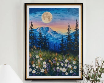 Moon with Wildflower Field Meadow Print, Floral Flower Poster Botanical, Dark Cottagecore Decor, Moody Large Wall Art Canvas #2342