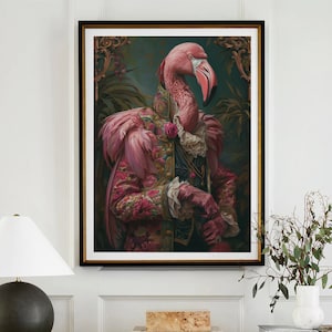 Flamingo Royal Renaissance Portrait Vintage Print Victorian Animal Portrait Decor Poster Altered Painting Large Wall Art Canvas #2185