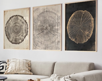 May include: Three framed prints of tree rings in different colors and styles. The prints are hanging on a white wall above a light gray sectional sofa with a throw blanket.