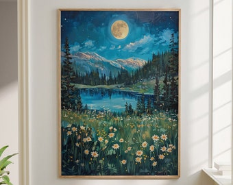 Moon with Wildflower Field Meadow Print, Floral Flower Poster Botanical, Dark Cottagecore Decor, Moody Large Wall Art Canvas #2344