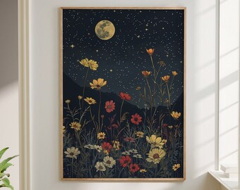 Moon with Wildflower Field Meadow Print, Floral Flower Poster Botanical, Dark Cottagecore Decor, Moody Large Wall Art Canvas #2338