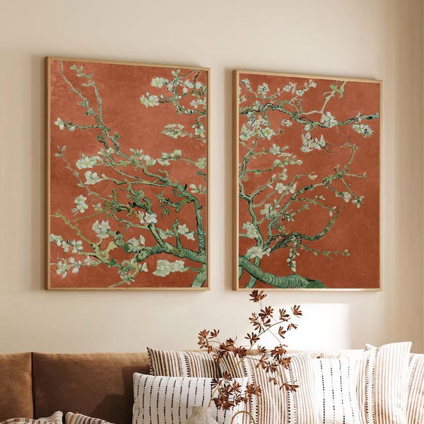 Vincent van Gogh Print Almond Blossom Floral Poster, Wedding Gift Painting, 2 Piece Diptych Large Wall Art Set of Two Gallery Canvas #4173