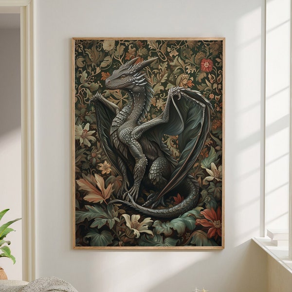 William Morris Inspired Dragon Art Print Decor Dragon Wall Art Poster, Year of the Dragon, Large Wall Art Canvas #1674