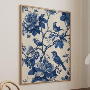 Chinoiserie Toile Art Print Floral Birds, Chinese Wall Art Asian Decor, Botanical Art Floral, Classic Art Print, Large Wall Art Canvas #4276