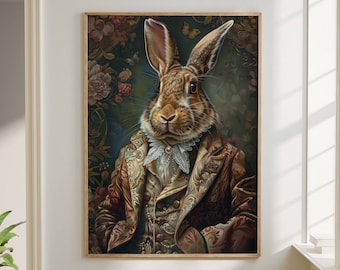 May include: A framed painting of a brown rabbit wearing a gold and red patterned jacket with a white lace collar. The rabbit is set against a background of blue, green, and pink floral patterns.