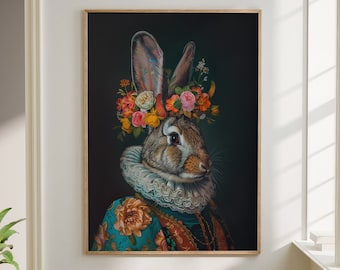 May include: A framed painting of a rabbit wearing a crown of flowers and a blue and gold patterned robe. The rabbit has a serious expression and is looking directly at the viewer.