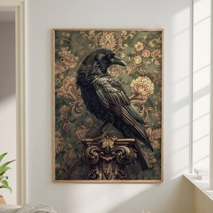 William Morris Inspired Raven Art Print Dark Moody Crow Bird Witchy Gothic Art Spooky Bird Lover Gift Large Wall Art Canvas Halloween #1644