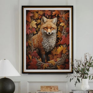 William Morris Inspired Fox Autumn Art Print Fall Poster Rustic Farmhouse Forest Large Wall Art Canvas Warm Color Thanksgiving #981