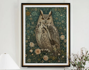 William Morris Inspired Owl Art Print, Bird Print, Owl Wall Art, Forest Print, Owl Gift, Owl Poster Bird Nature Large Wall Art Canvas #1618