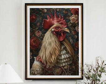Op de afbeelding: Een ingelijste print van een haan met een rode kam en keellap, die een gekrulde kraag draagt, tegen een donkere achtergrond met bloemmotieven. De print wordt getoond aan een witte muur boven een consoletafel met boeken en een lamp.