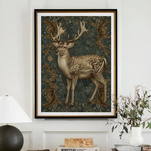 William Morris Inspired Deer Art Print, Nature Wall Art, Nature Prints, Animal Prints, Forest Wall Art, Kitchen Large Wall Art Canvas #1630