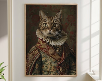 Tabby Cat Royal Renaissance Portrait Vintage Print Victorian Animal Portrait Decor Poster Altered Painting Large Wall Art Canvas #2229