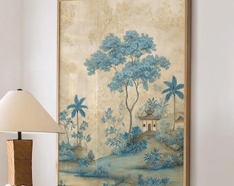 May include: A room interior featuring a round marble table with a lamp and a framed landscape painting. The painting depicts a blue and beige Asian-inspired scene. Two white ottomans with wooden legs are in front of the table.