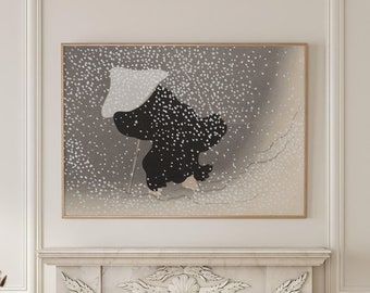May include: A black and white illustration of a person wearing a white hat and walking in a snowy landscape. The illustration is framed and hanging above a white marble fireplace.