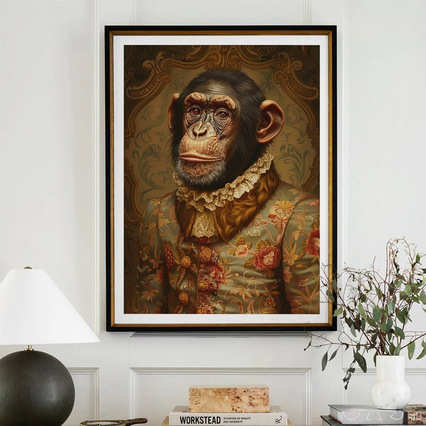 Chimp Monkey Royal Renaissance Portrait Vintage Print Victorian Animal Portrait Decor Poster Altered Painting Large Wall Art Canvas #2173