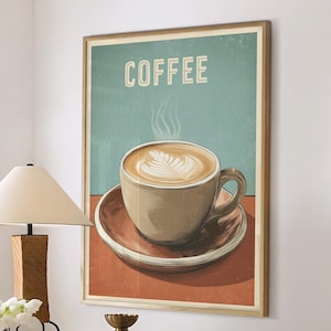 Coffee Latte Poster Coffee Bar Print Breakfast Kitchen Decor Retro Food Art Drink Painting Large Wall Art Gallery Canvas Giclee #3845