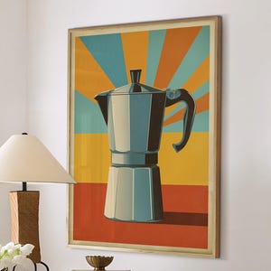 Coffee Moka Pot Poster Coffee Bar Print Breakfast Kitchen Decor Retro Food Art Drink Painting Large Wall Art Gallery Canvas Giclee #3869