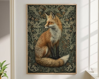 William Morris Inspired Fox Art Print, Fox Print Poster Nature Living Room Art,Forest Wall Art,Kitchen Art,Large Wall Art Canvas #1608