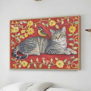 Tabby Cat and Bird Maximalist Floral Eclectic Animal Print Funky Animal Poster Decor Colorful Oil Painting Large Wall Art Canvas #2867
